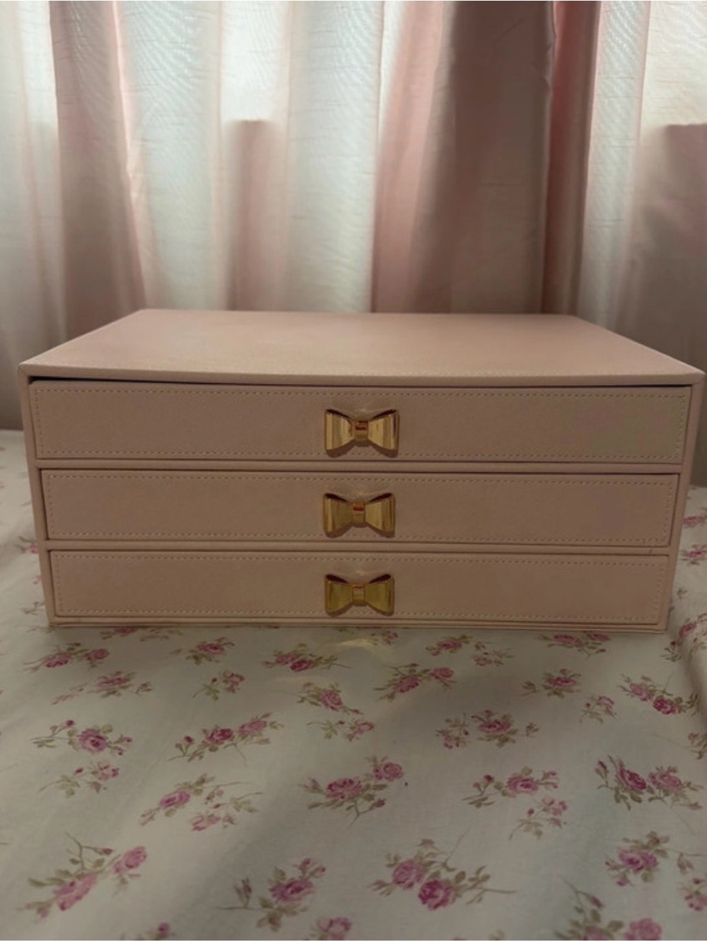 Soft Pink 3-Drawer Jewelry Organizer with Gold Bow Pulls